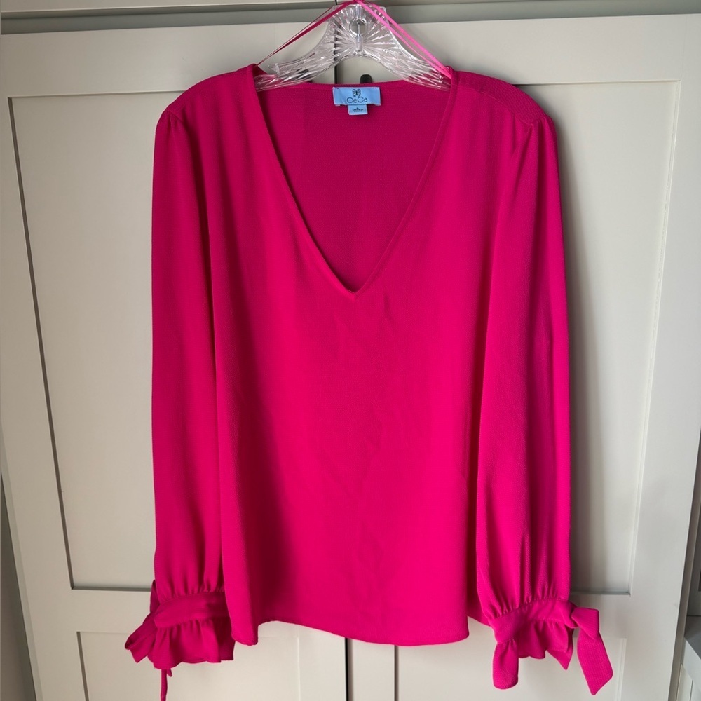 NWOT CeCe from Nordstrom's Vibrant Pink V-Neck Blouse with Tie Cuffs SZ L